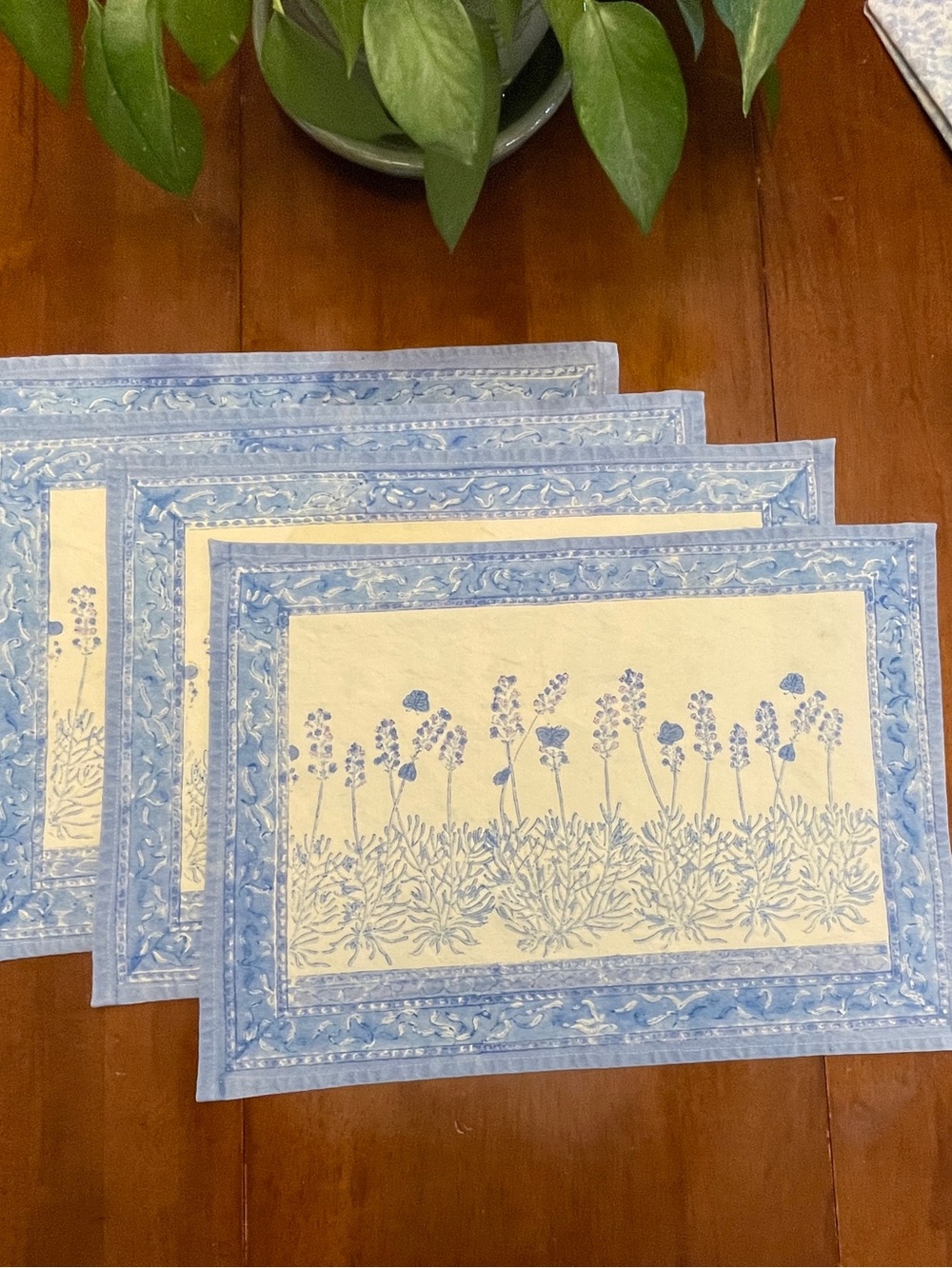 Placemat & Napkin Set Blue, White & Pink Indian Block Floral Set 10 Pieces